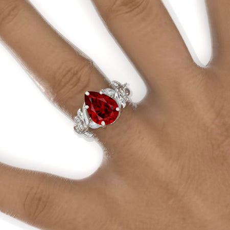 3 Carat Pear Ruby Halo Floral Engagement Ring 14K White Gold Ring