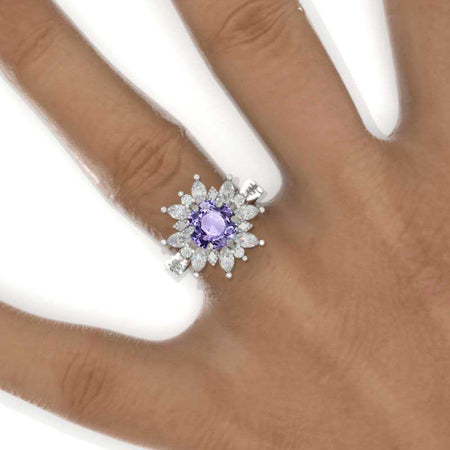 2 Carat Round Purple Sapphire Snowflake Floral Halo Engagement Ring