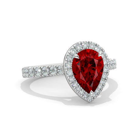 14K Solid White Gold 3 Carat Halo Pear Cut Ruby Ring
