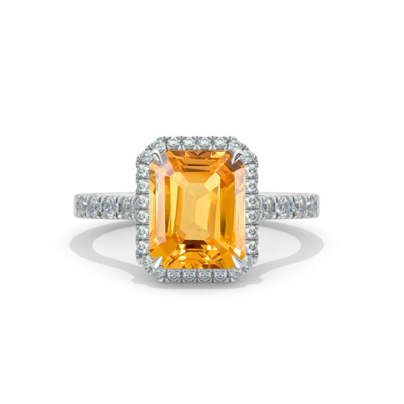 4 Carat Genuine Yellow Citrine Emerald Cut Halo Love Knot White Gold Engagement Ring Model 1203
