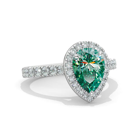 14K Solid White Gold 3 Carat Halo Pear Cut Green Moissanite Ring