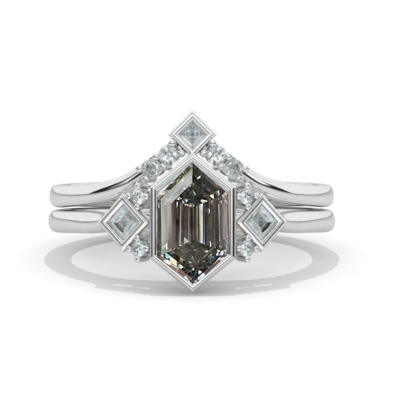 14K White Gold 2 Carat Hexagon Moissanite Bezel Engagement Ring, Eternity Ring Set
