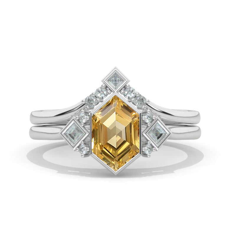 14K White Gold 2 Carat Hexagon Genuine Yellow Citrine  Bezel Engagement Ring, Eternity Ring Set Model 1040-9x5