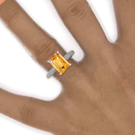 3.5 Carat Radiant Genuine Yellow Citrine Hidden Halo Royal Engagement 14K White Gold Ring Michael Model 1041-10x7mm
