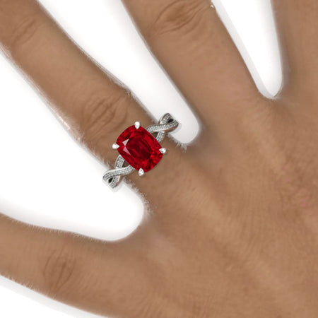 3 Carat Elongated Cushion Ruby Halo Engagement Ring. Victorian 14K White Gold Ring