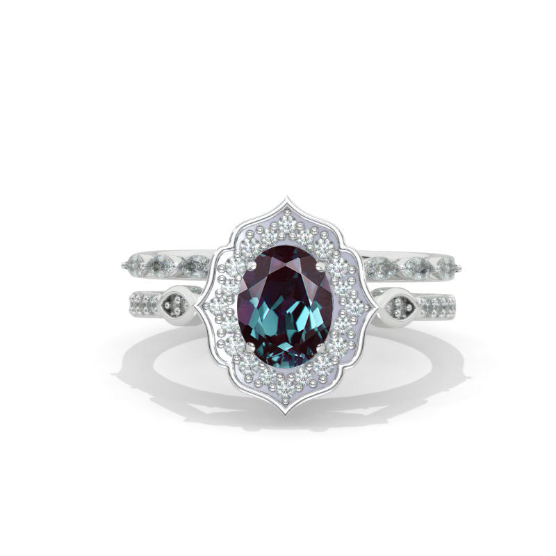 Vintage Oval Shaped Alexandrite Engagement Flower 14K White  Ring Set
