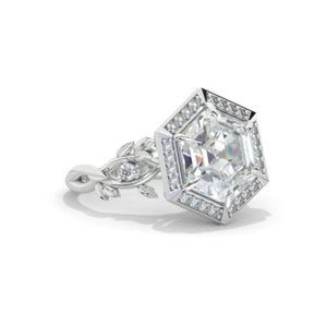 5 Carat Hexagon Moissanite Halo Floral 14K White Gold Engagement Ring