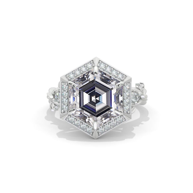 5 Carat Hexagon Moissanite Halo Floral 14K White Gold Engagement Ring
