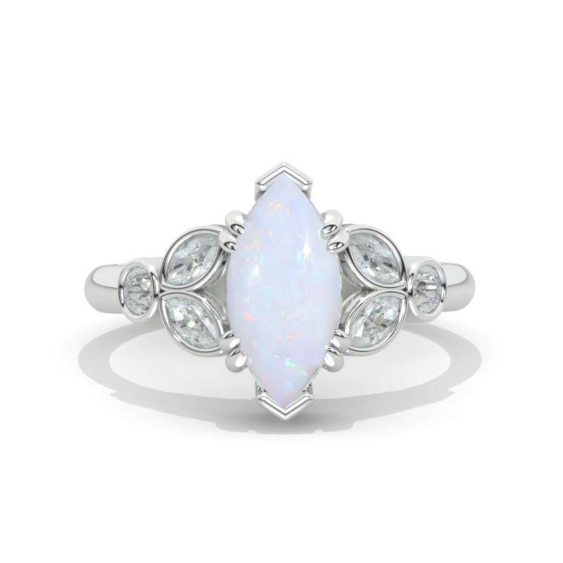 14K White Gold 1.5 Carat Marquise Cut White Opal Halo Engagement Ring Model 1277