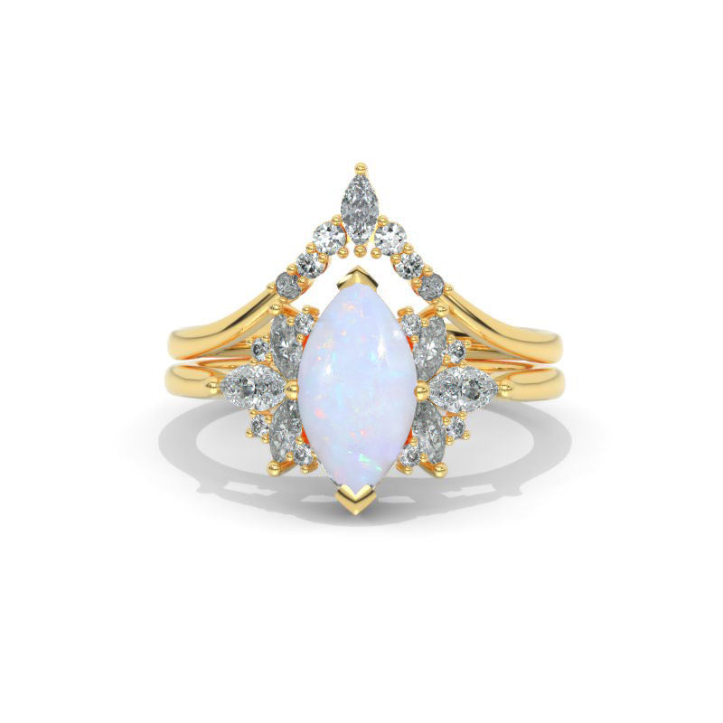 2 Carat Marquise White Opal 14K Solid Gold Ring Set 12x6mm Marquise Genuine Natural White Opal Vintage Wedding Ring. Fairy Tail Engagement Ring Anniversary Ring, Marquise Side Stones Ring Set