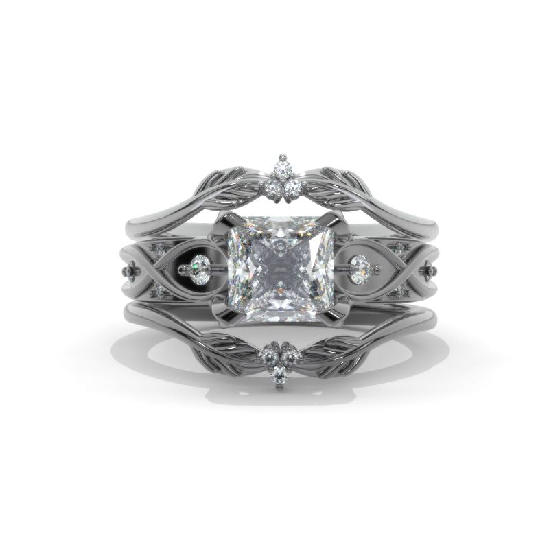 2 Carat Princess Cut Lab Diamond 14K Black Gold Rhodium Plated  Celtic-Style Engagement Ring Set