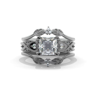 2 Carat Princess Cut Lab Diamond 14K Black Gold Rhodium Plated  Celtic-Style Engagement Ring Set