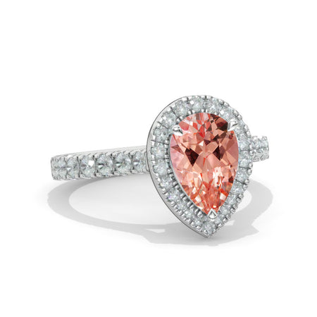 14K Solid White Gold 3 Carat Halo Pear Cut Peach Sapphire Ring Model 730-11x7