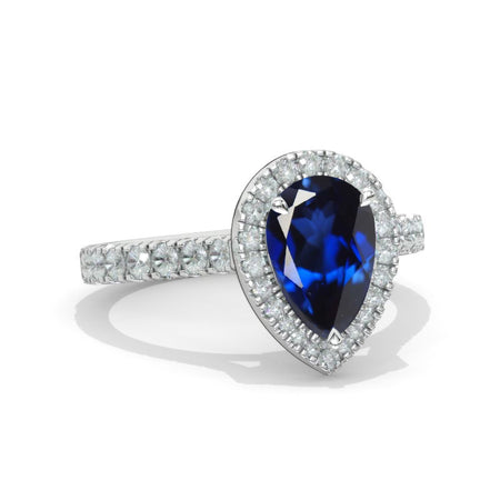 14K Solid White Gold 3 Carat Halo Pear Cut Royal Blue Sapphire Ring