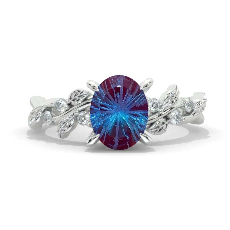 2 Carat Oval Fireworks Cut Lab Alexandrite Floral 14K Gold Engagement Ring Model 446-9x7