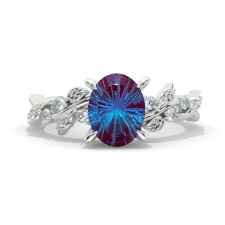 2 Carat Oval Fireworks Cut Lab Alexandrite Floral 14K Gold Engagement Ring Model 446-9x7