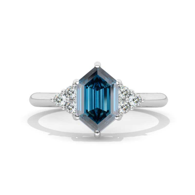 14K White Gold 3 Carat Hexagon Teal Sapphire Halo Engagement Ring, Model 1344-10x6