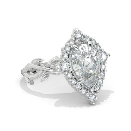 14K White Gold 3 Carat Pear Moissanite Halo Floral Shank Engagement Ring Model 1350
