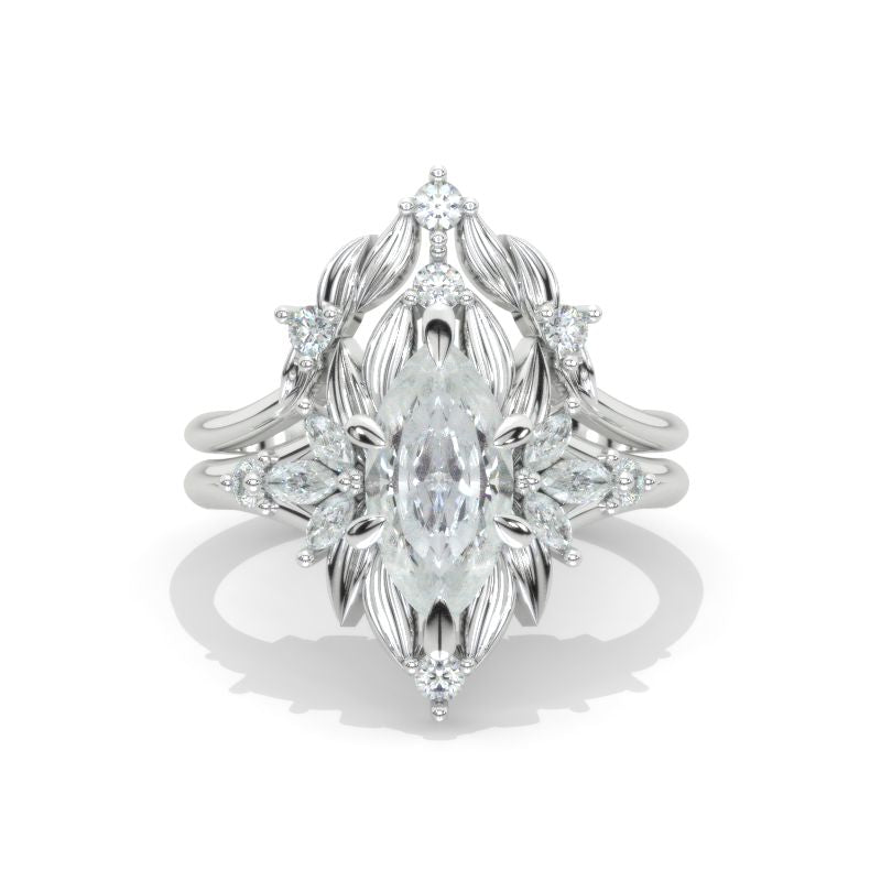 14K White Gold 1.5 Carat Marquise Cut Moissanite Halo Engagement Ring Model 1267 SET