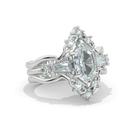 3 Carat Hexagon Moissanite Cluster Halo 14K White Gold Engagement Ring Set Model 931-V3-12x6