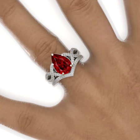 3 Carat Pear Ruby Twisted 14K White Gold Engagement Eternity Ring Set