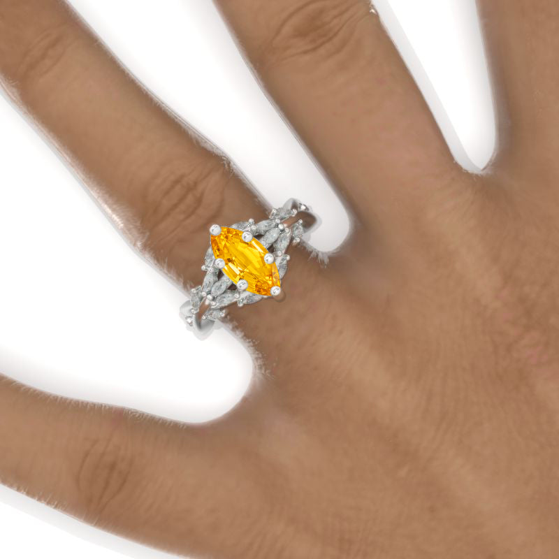 2 Carat Marquise 14K Solid Gold Ring  Marquise Genuine Yellow Citrine Halo Floral Wedding Ring. Engagement Ring Anniversary Ring, Baguette Side Stones Ring Model 851