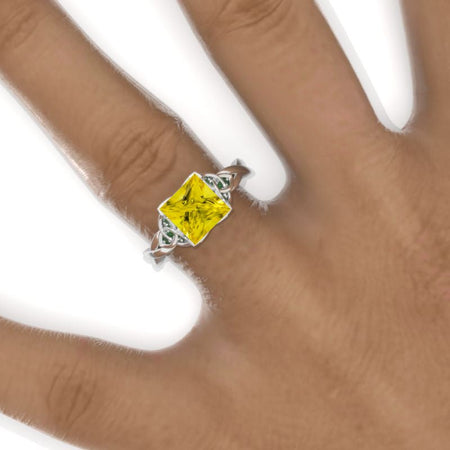 2 Carat Princess Yellow Sapphire Celtic Engagement Ring 14K White Gold Ring Model 819-7x7