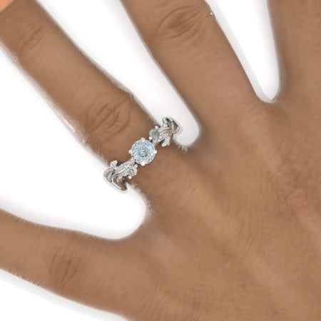 Portuguese Cut LAB-Grown Diamond White Gold Floral Engagement Leaves Ring Model 147_V2