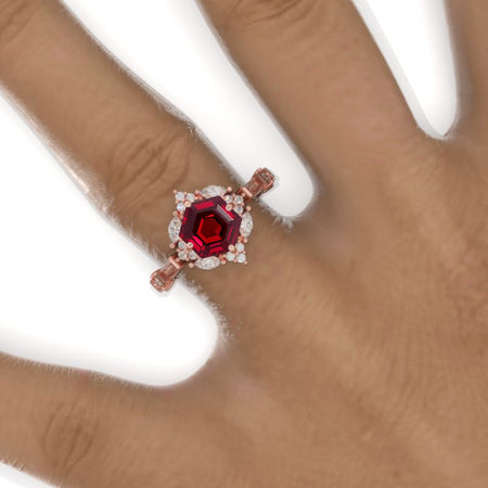 3 Carat Hexagon Ruby Halo 14K White Gold Engagement Ring