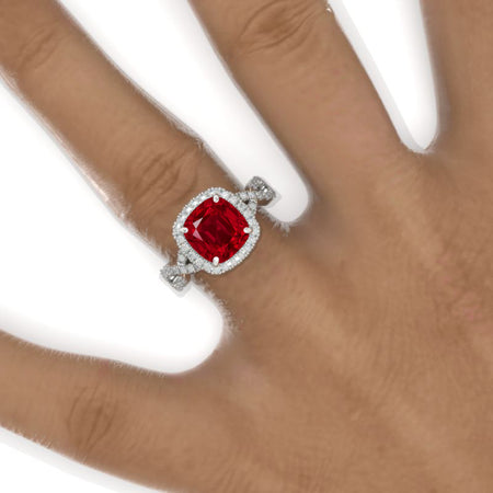 3 Carat Cushion Cut Vintage Style Halo Giliarto Ruby White Gold Engagement Ring
