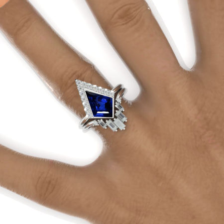 2.5 Carat Kite Royal Blue Sapphire Halo Engagement Ring Set. 2.5CT Fancy Kite Shape Bezel Royal Blue Sapphire Ring Set Model 936-12x8