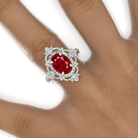 3 Carat Oval Ruby Halo Engagement Ring 14K White Gold Ring