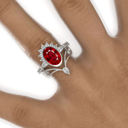 3 Carat Oval Ruby Bezel Set Engagement Ring Eternity Ring Set