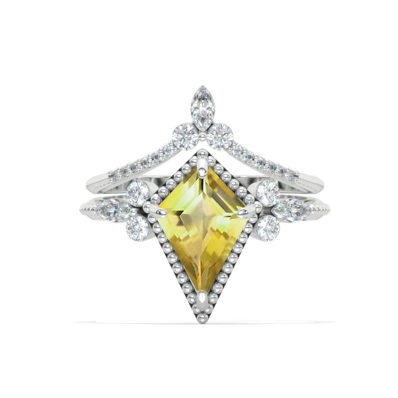 3 Carat Kite Celtic Set Genuine Yellow Citrine Halo 14K White Gold Engagement V-Band Ring Set Model 1159-12x8