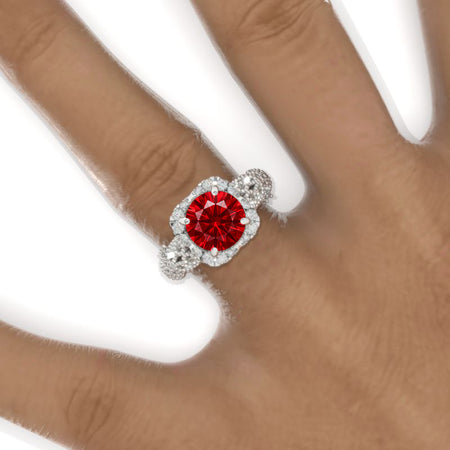 2 Carat Round Ruby Halo Lace  Shank Engagement Ring