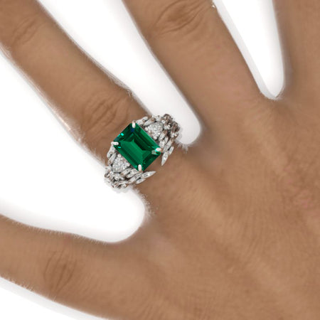 3 Carat Emerald Halo Emerald Floral Shank  White Gold Engagement Ring Set Model 1102