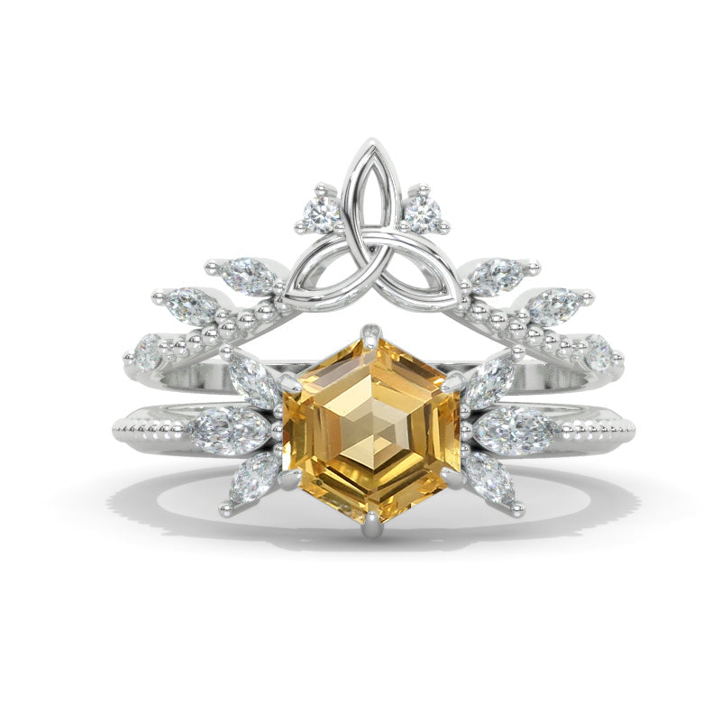 3 Carat Hexagon Celtic Set Genuine Yellow Citrine Cluster Halo Marquise  14K White Gold Engagement Ring Set Model 1158-8x7
