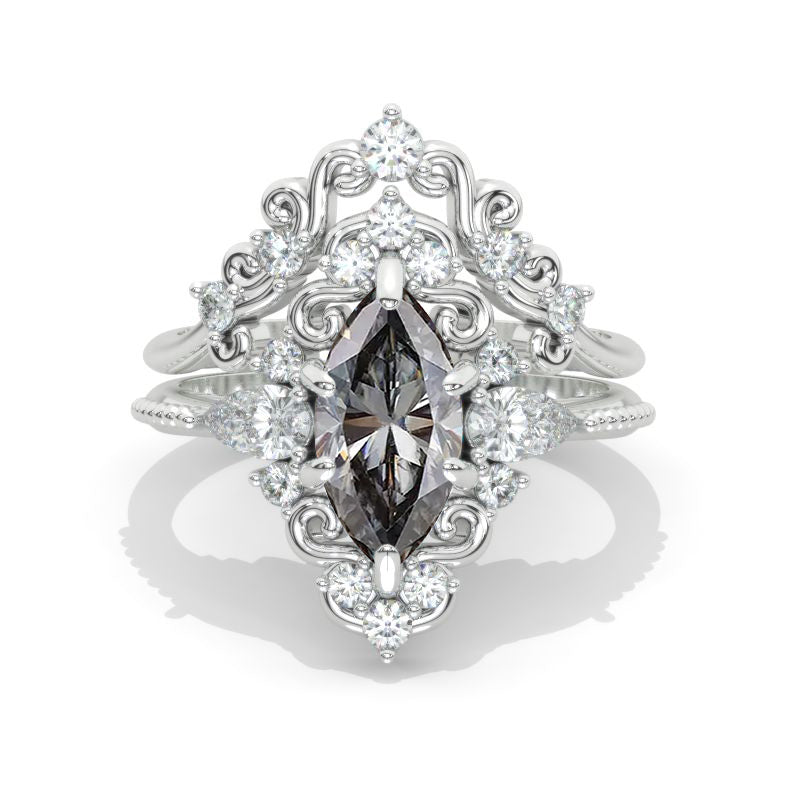 14K White Gold 1.5 Carat Marquise Cut Moissanite Floral Engagement Ring Set Model 1269
