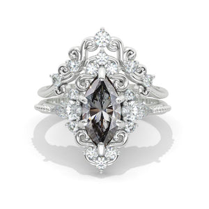 14K White Gold 1.5 Carat Marquise Cut Moissanite Floral Engagement Ring Set Model 1269

