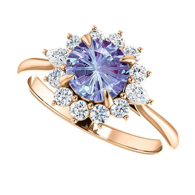 14K Rose Gold 6.5 mm Round Forever One Fireworks Cut Alexandrite Stone 3/8 CTW Diamond Set Halo-Style Engagement Ring