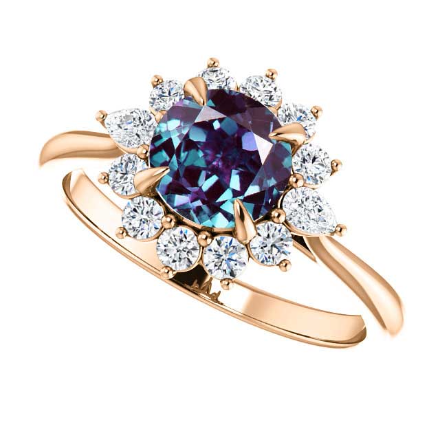 14K Rose Gold 6.5 mm Round Forever One Alexandrite Stone 3/8 CTW Diamond Set Halo-Style Engagement Ring