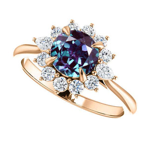14K Rose Gold 6.5 mm Round Forever One Alexandrite Stone 3/8 CTW Diamond Set Halo-Style Engagement Ring