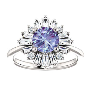 14K White Gold 6.5mm Round Fireworks Cut Alexandrite 1/2 CTW Diamond Engagement Ring