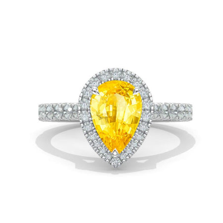 14K Solid White Gold 3 Carat Halo Pear Cut Yellow Sapphire Ring Model 730-11x7