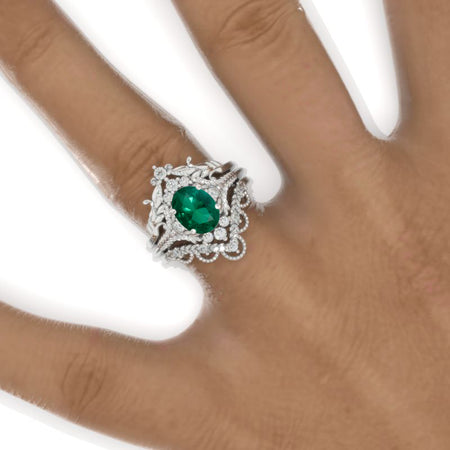1.5 Carat Oval Emerald Cluster Floral Halo 14K White Gold Floral Engagement Ring Set Model 1139