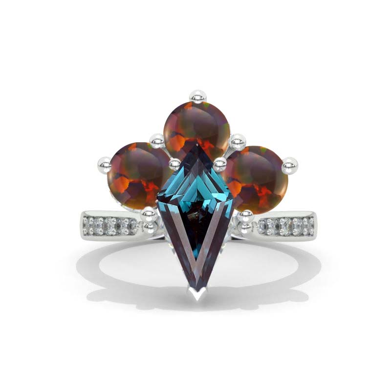 14K White Gold 3 Carat Kite Alexandrite Opal Halo Engagement Ring