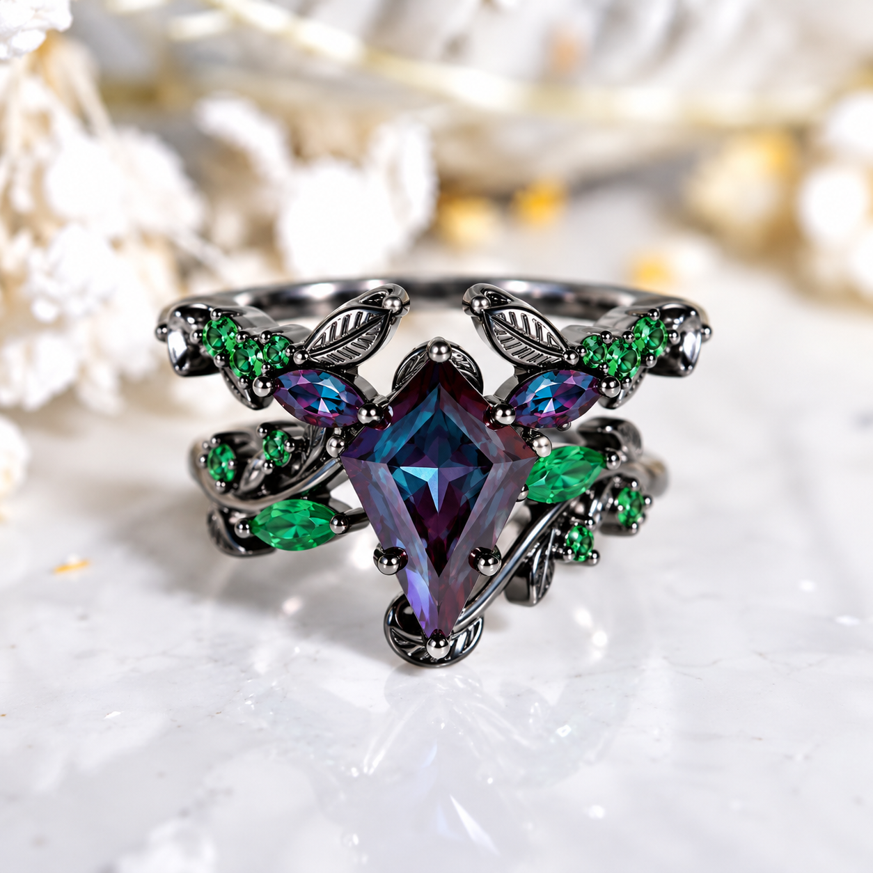 Celtic Alexandrite Stackable 14K Black Rhodium Plated Gold Ring Mode 1401 E