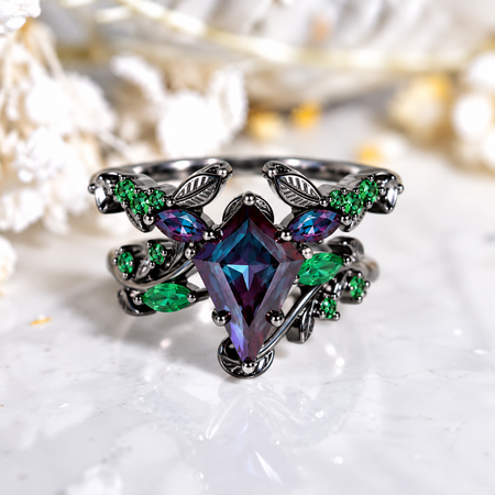 Celtic Alexandrite Stackable 14K Black Rhodium Plated Gold Ring Mode 1401 E