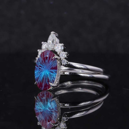4 Carat Oval Fireworks Cut Alexandrite White Gold Engagement Ring Set