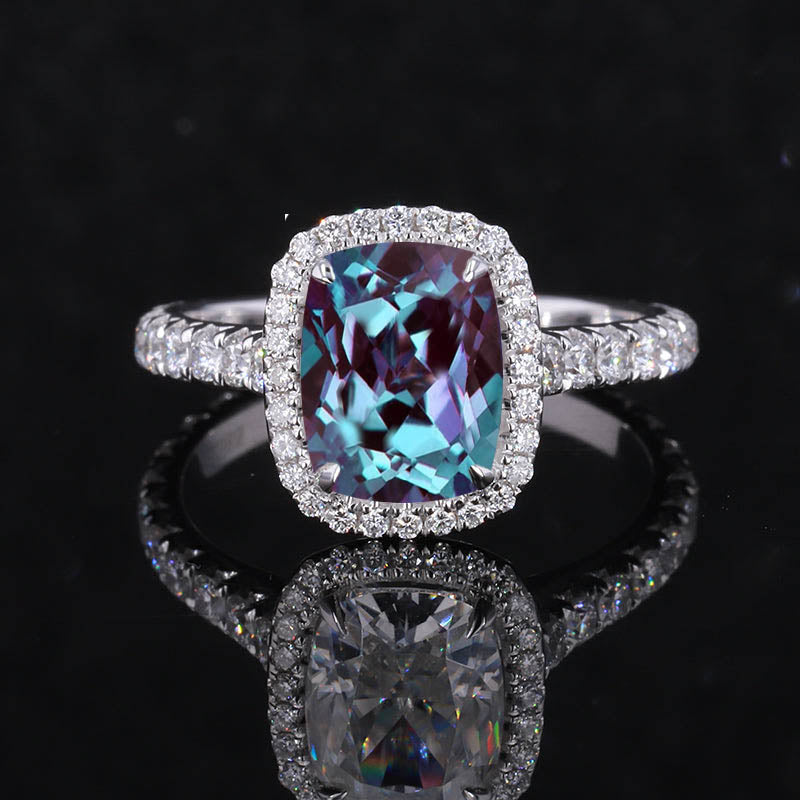 2 Carat Cushion Alexandrite 14K White Engagement Ring, Cushion Halo Engagement Ring